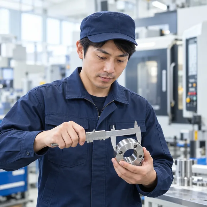 生産現場で部品を確認する技術者